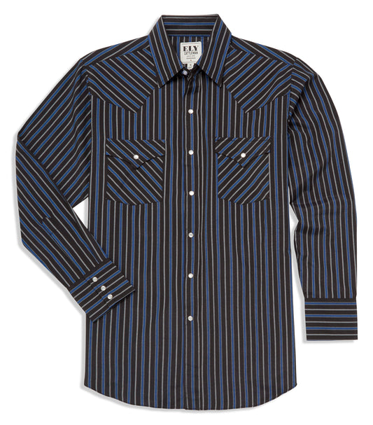 Ely Cattleman Long Sleeve Textured Stripe Western Snap Shirt- Black & Navy