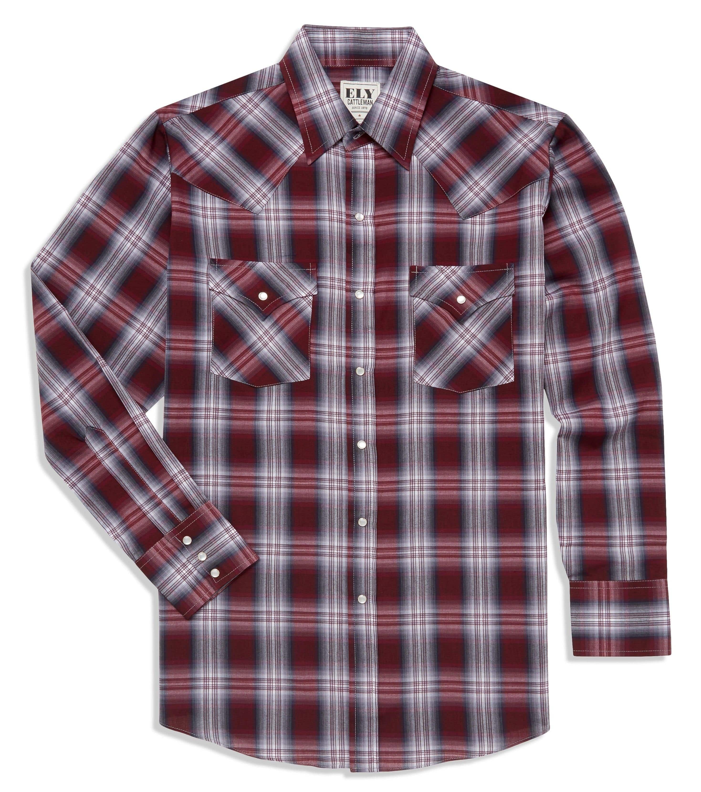 Ely Cattleman Long Sleeve Textured Plaid Western Snap Shirt - Burgundy & Navy