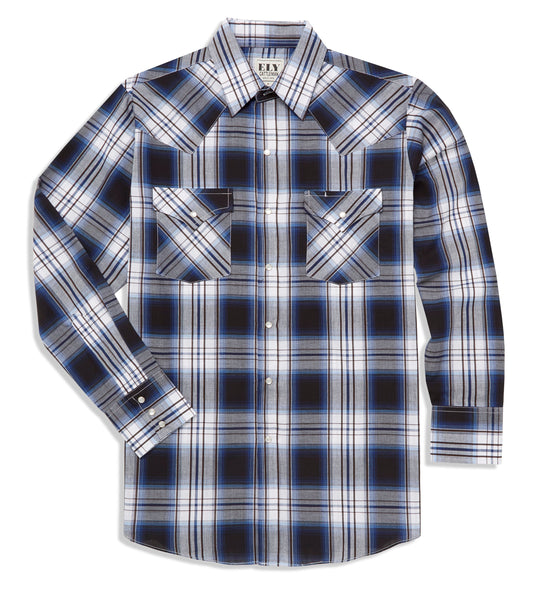 Ely Cattleman Long Sleeve Textured Plaid Western Snap Shirt- Blue & Teal