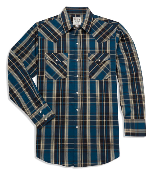 Ely Cattleman Long Sleeve Textured Plaid Western Snap Shirt- Blue & Teal