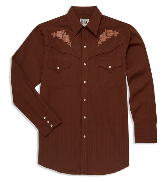 Ely Cattleman Mens Long Sleeve Western Snap Shirt with Tonal Rose Embroidery - Ely Cattleman