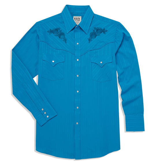 Ely Cattleman Mens Long Sleeve Western Snap Shirt with Tonal Rose Embroidery