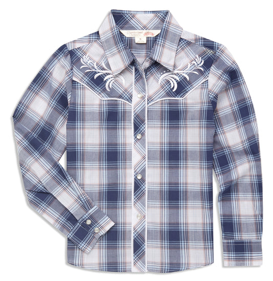 Ely Cattleman Girls Plaid Western Snap Shirt with Embroidery