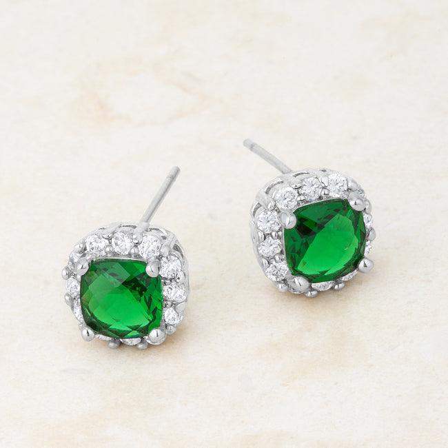 Liz 2ct Emerald CZ Rhodium Classic Cushion Stud Earrings - JGI - Flyclothing LLC
