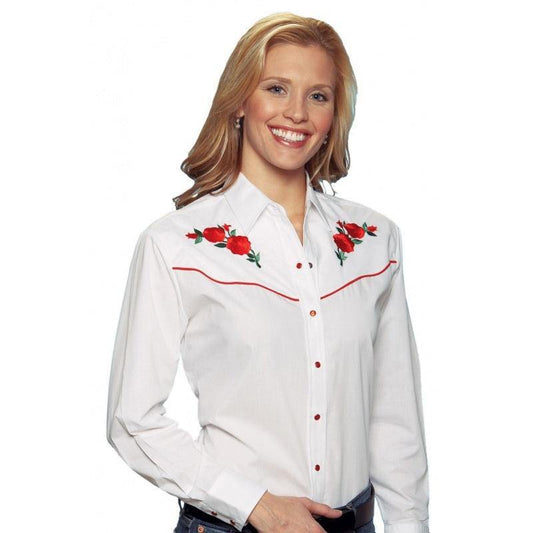 Ely Country Charmers Ladies White W/ Red Rose Embroidery - Ely Country Charmers