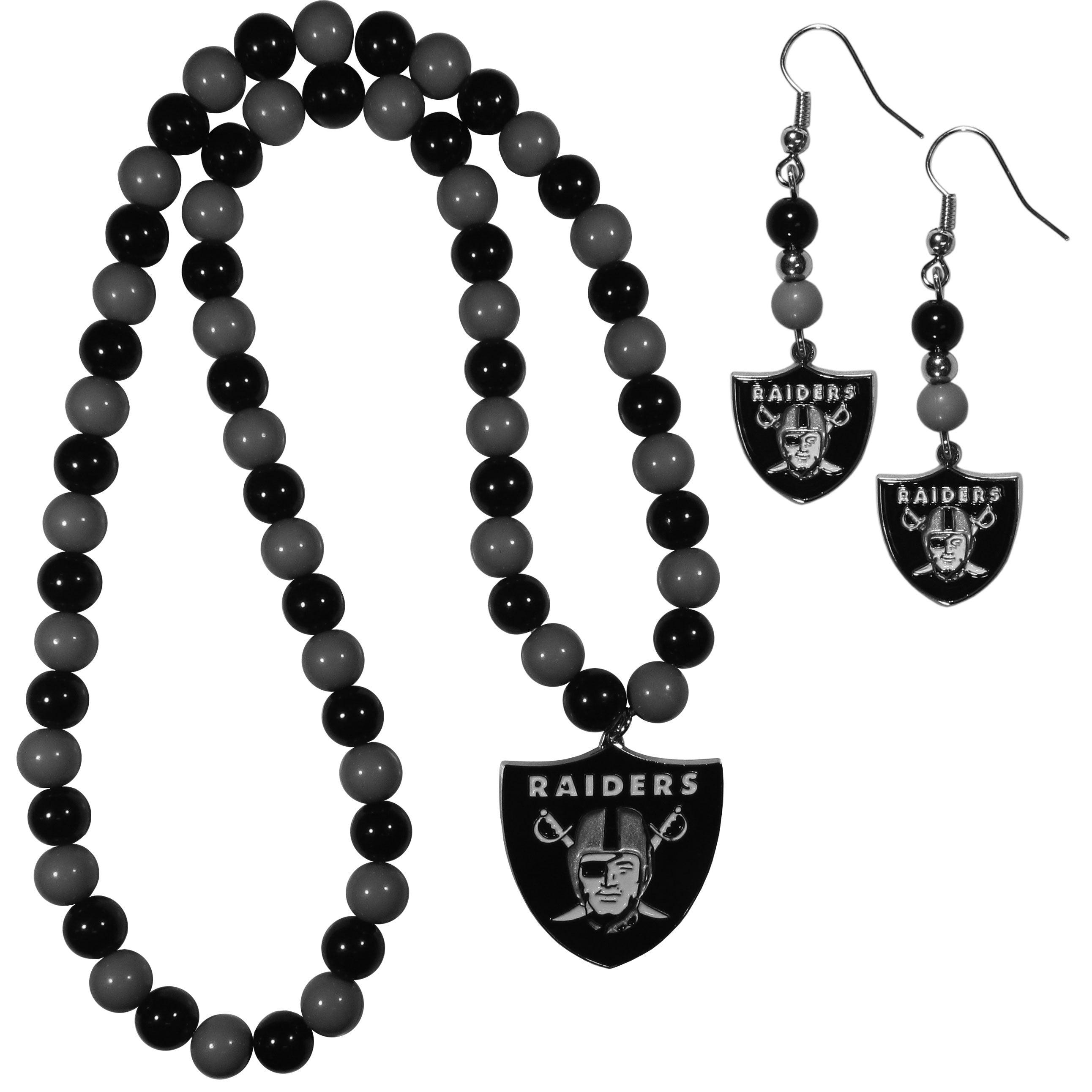 Las Vegas Raiders Fan Bead Earrings and Necklace Set - Flyclothing LLC