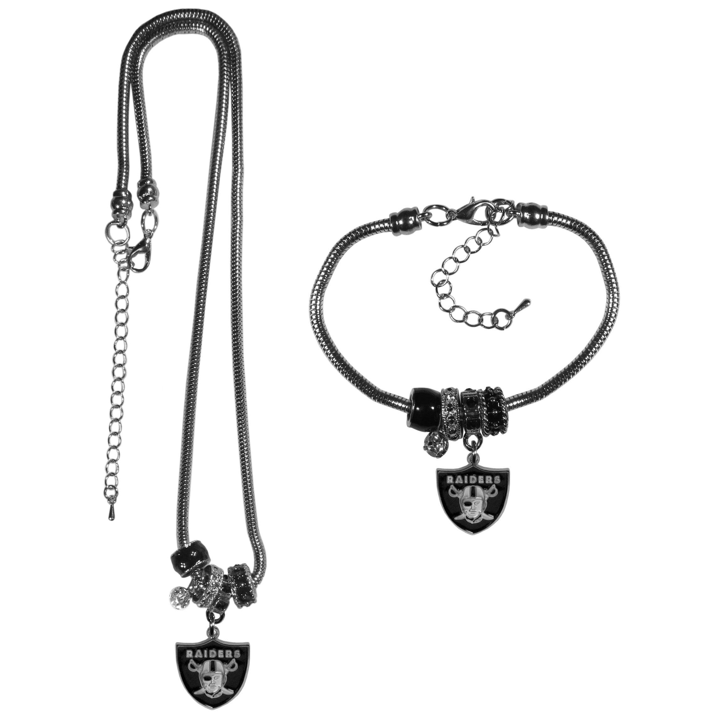 Las Vegas Raiders Euro Bead Necklace and Bracelet Set - Flyclothing LLC