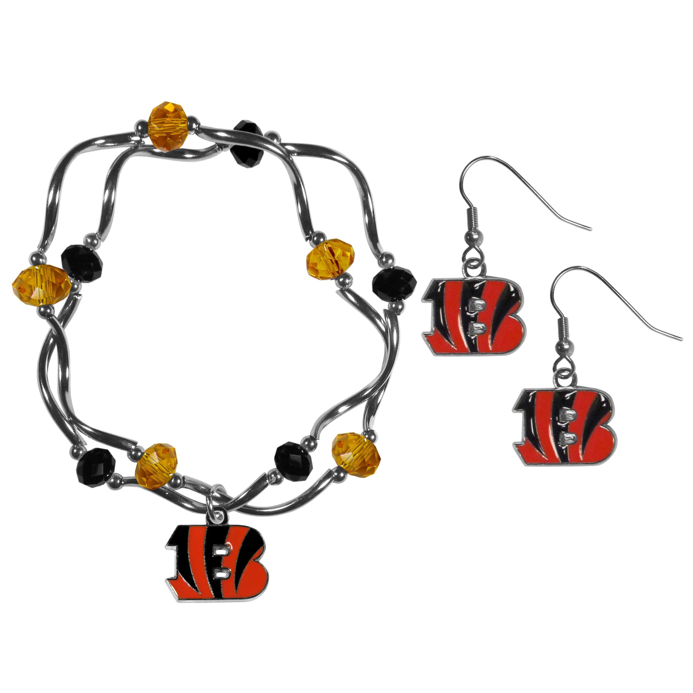 Cincinnati Bengals Dangle Earrings and Crystal Bead Bracelet Set - Flyclothing LLC