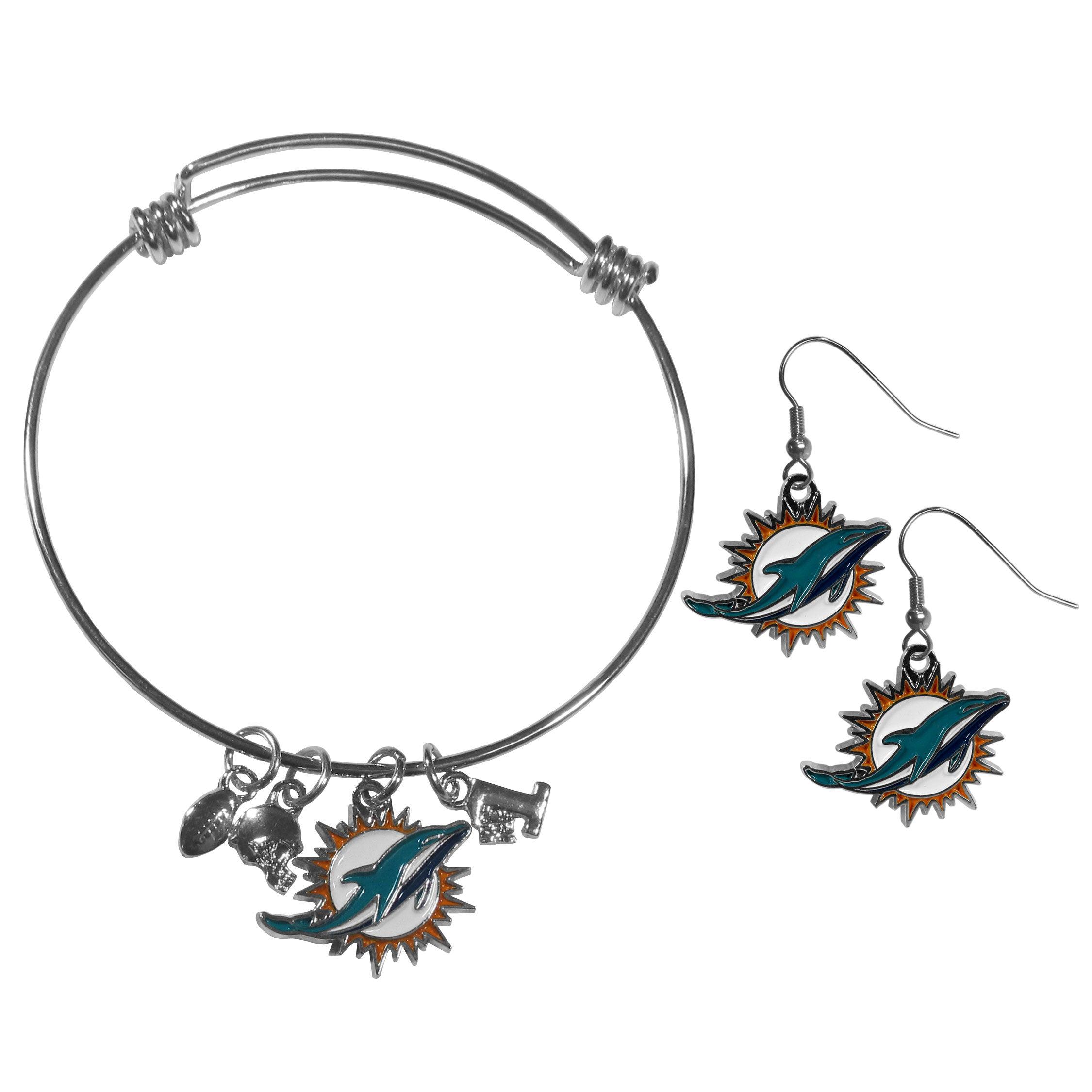 Miami Dolphins Dangle Earrings and Charm Bangle Bracelet Set - Flyclothing LLC