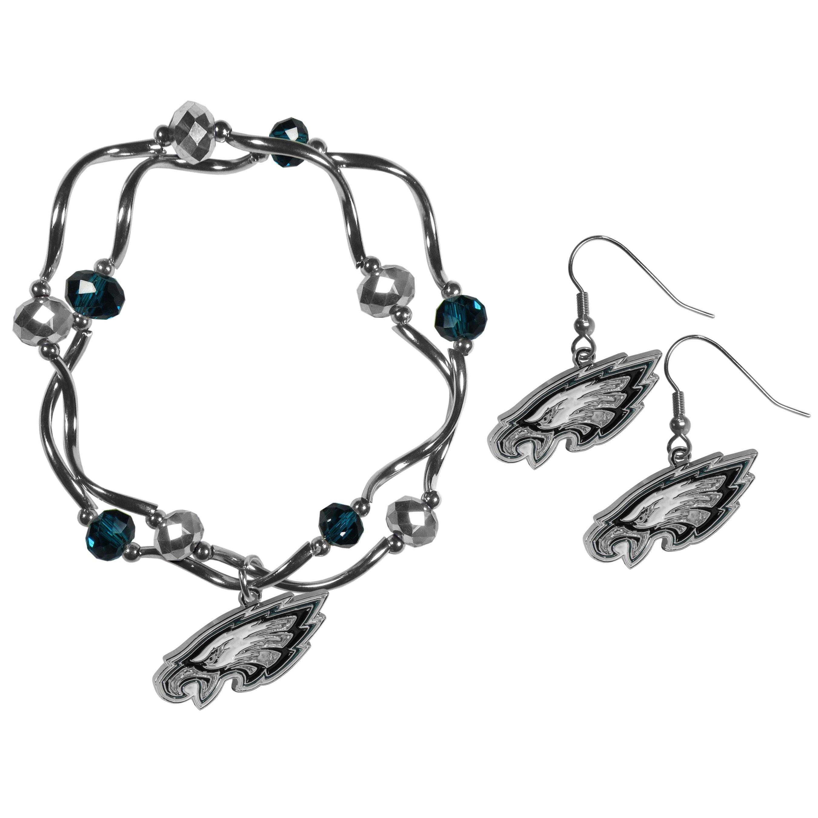 Philadelphia Eagles Dangle Earrings and Crystal Bead Bracelet Set - Flyclothing LLC
