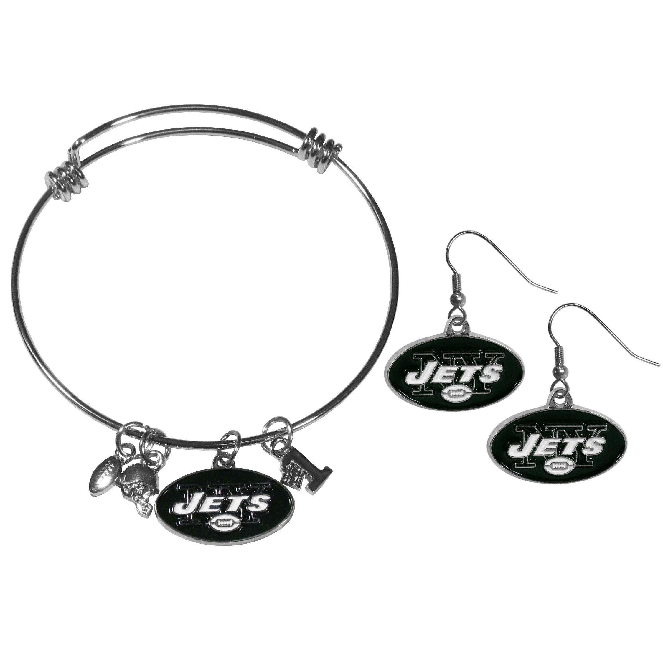 New York Jets Dangle Earrings and Charm Bangle Bracelet Set - Flyclothing LLC