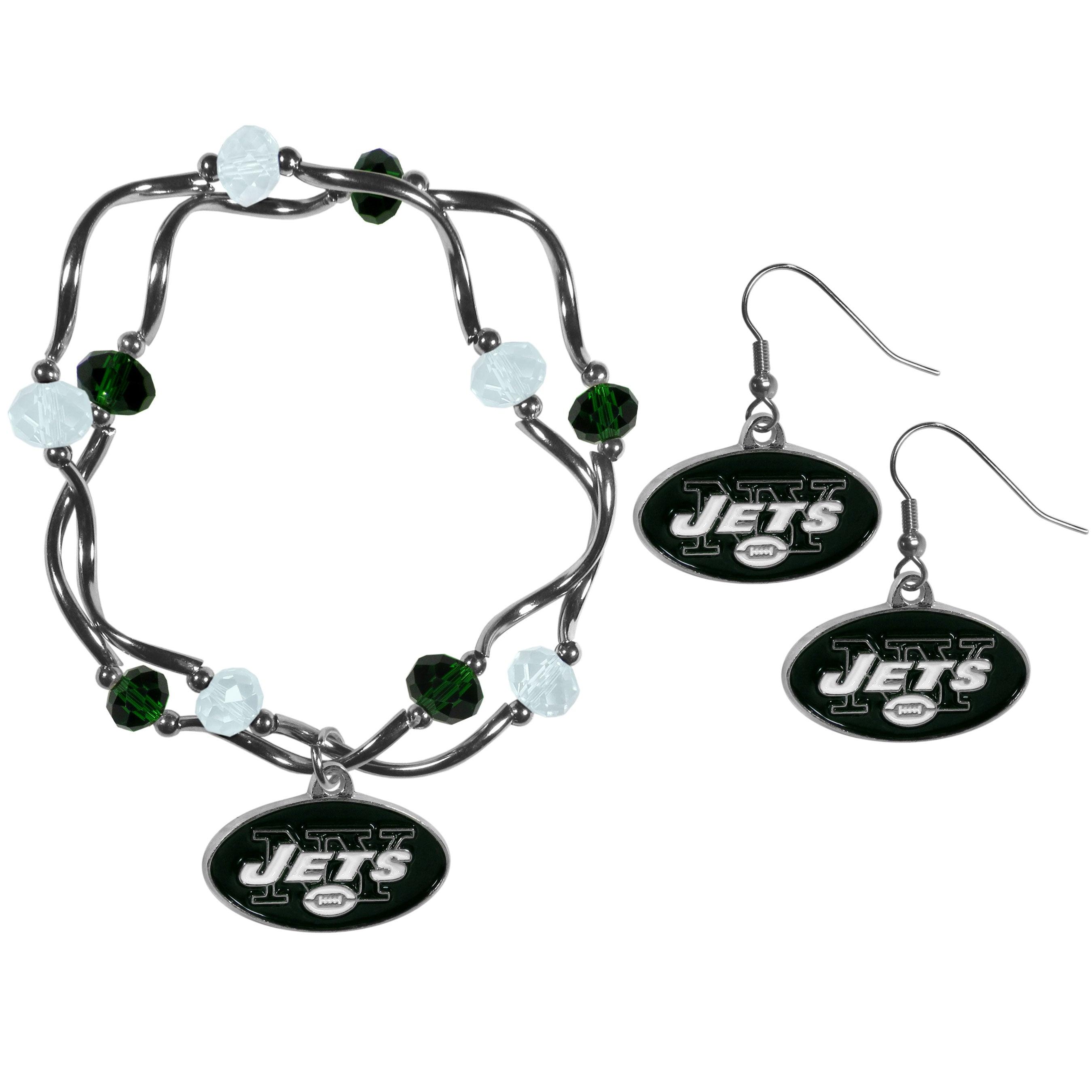 New York Jets Dangle Earrings and Crystal Bead Bracelet Set - Flyclothing LLC