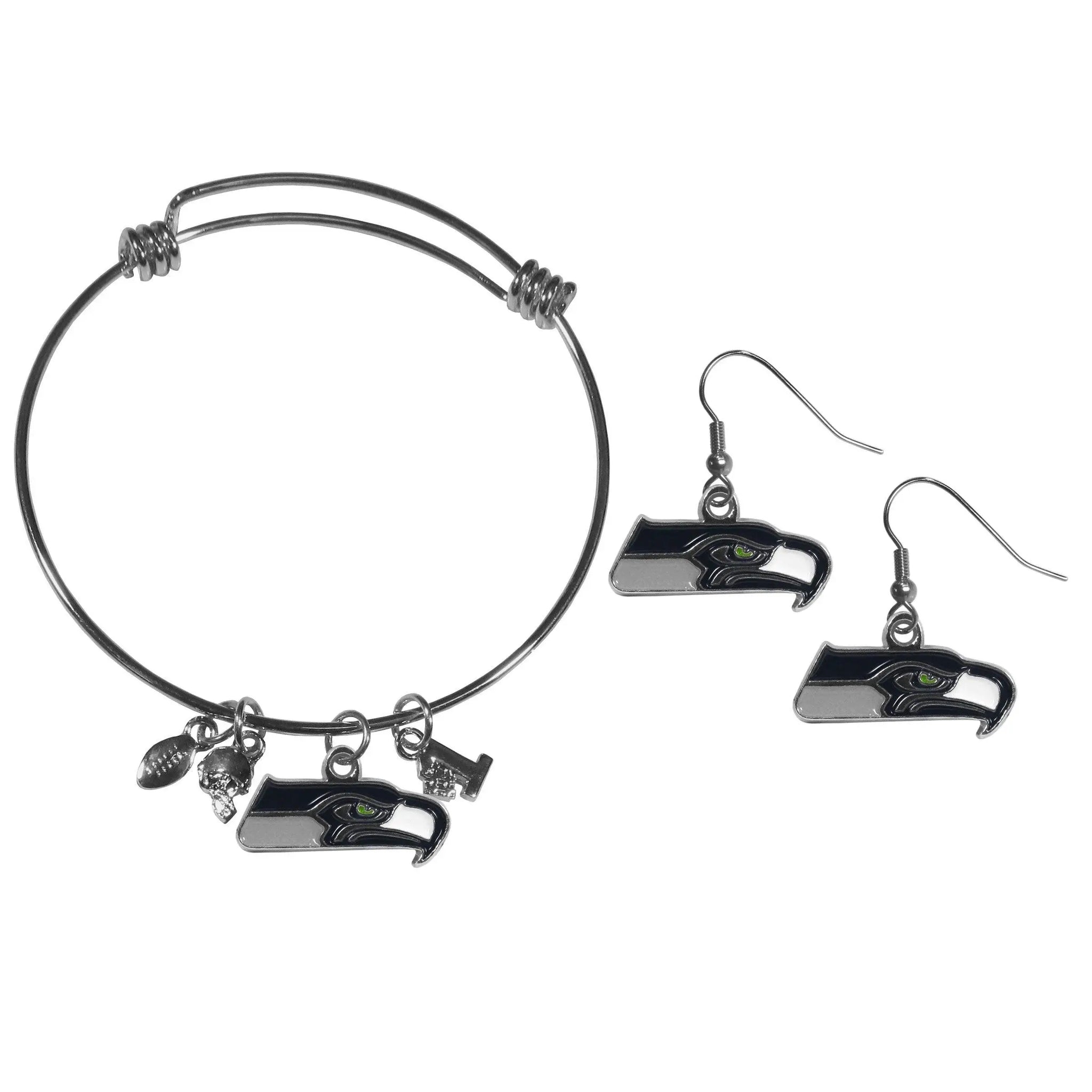 Seattle Seahawks Dangle Earrings and Charm Bangle Bracelet Set - Siskiyou Buckle - Flyclothing LLC
