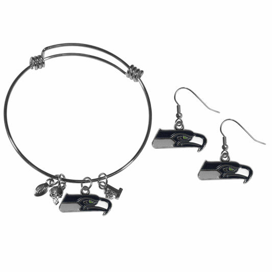 Seattle Seahawks Dangle Earrings and Charm Bangle Bracelet Set - Siskiyou Buckle - Flyclothing LLC