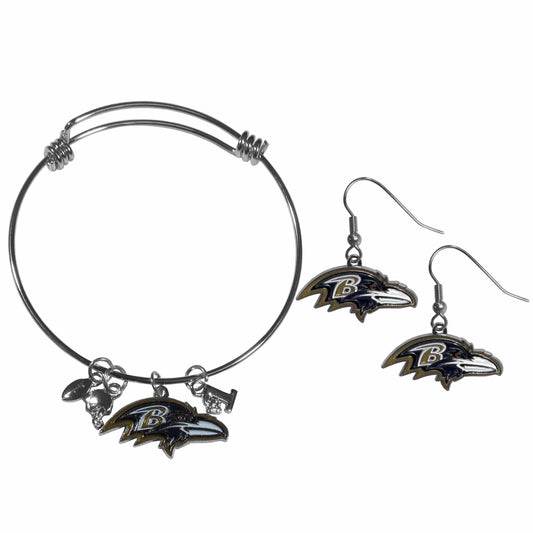 Baltimore Ravens Dangle Earrings and Charm Bangle Bracelet Set - Siskiyou Buckle - Flyclothing LLC