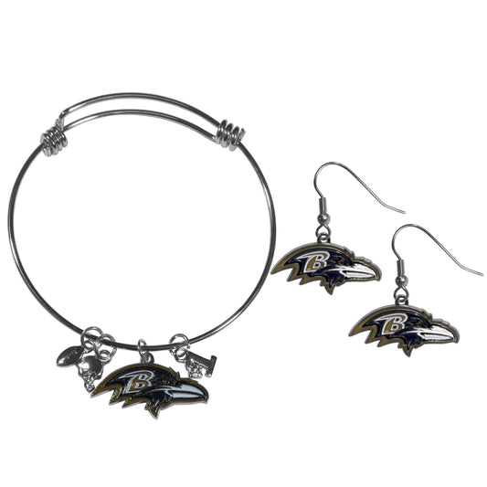 Baltimore Ravens Dangle Earrings and Charm Bangle Bracelet Set - Flyclothing LLC