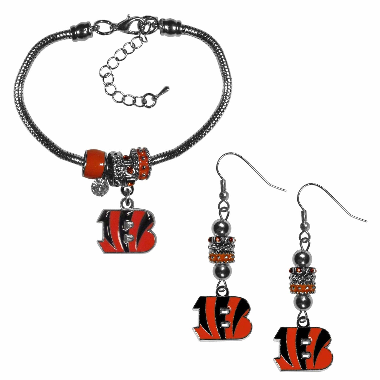 Cincinnati Bengals Euro Bead Earrings and Bracelet Set - Siskiyou Buckle - Flyclothing LLC