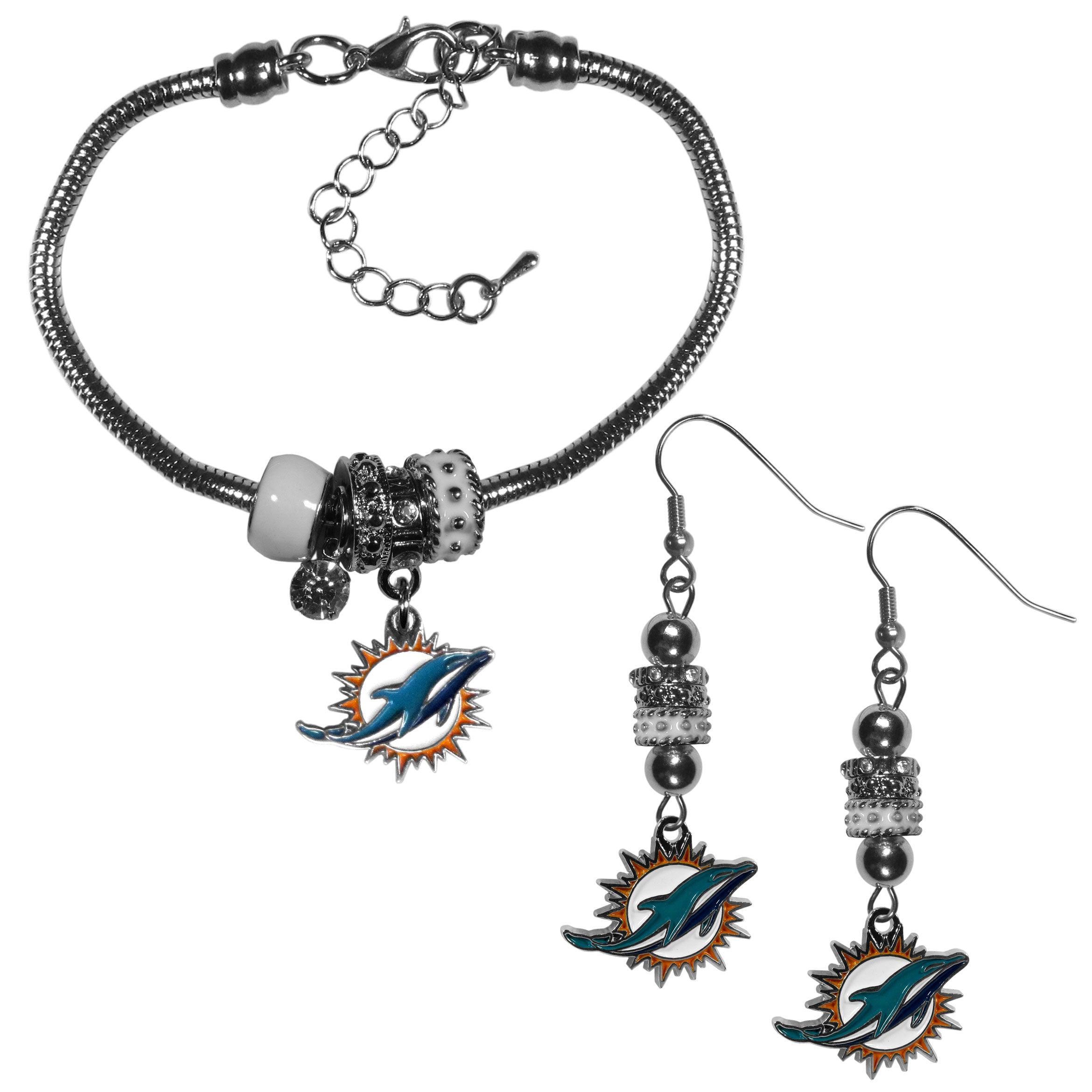 Miami Dolphins Euro Bead Earrings and Bracelet Set - Flyclothing LLC