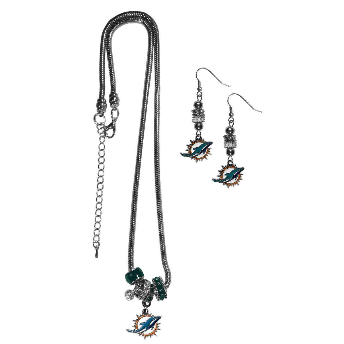 Miami Dolphins Euro Bead Earrings and Necklace Set - Flyclothing LLC