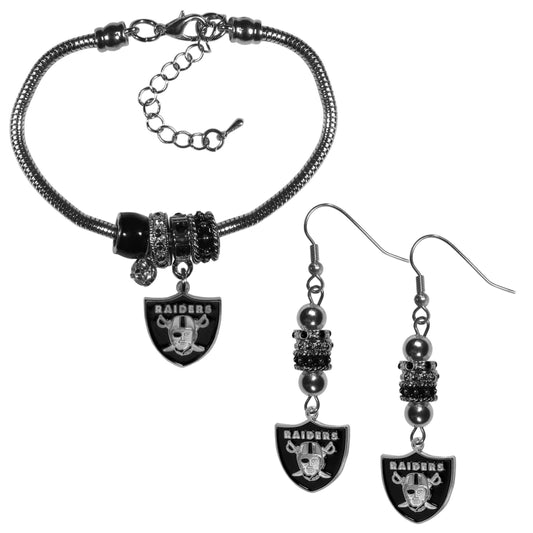 Las Vegas Raiders Euro Bead Earrings and Bracelet Set - Flyclothing LLC