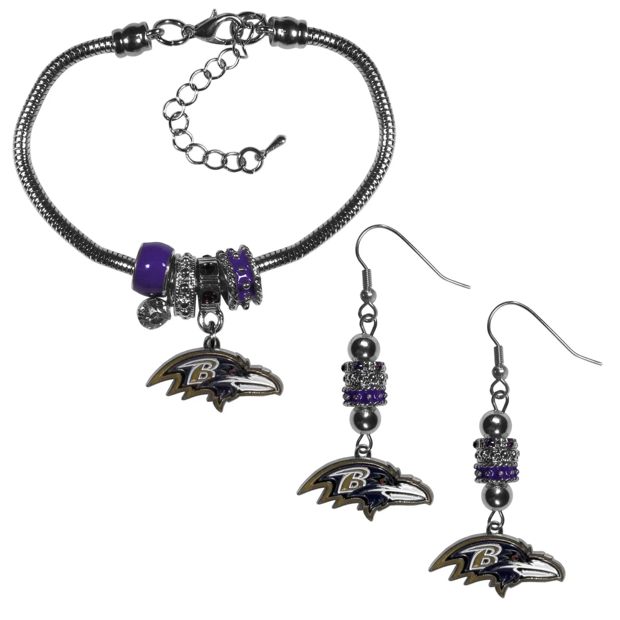 Baltimore Ravens Euro Bead Earrings and Bracelet Set - Siskiyou Buckle - Flyclothing LLC
