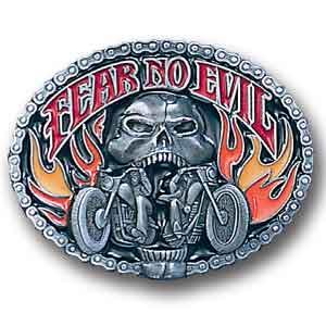 Fear No Evil Skull/Motorcycle Enameled Belt Buckle - Flyclothing LLC