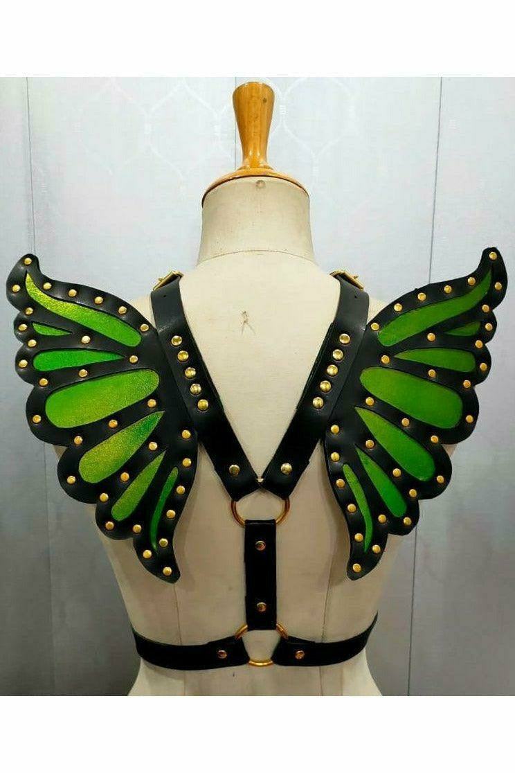 Daisy Corsets Faux Leather Green/Gold Butterfly Wing Harness