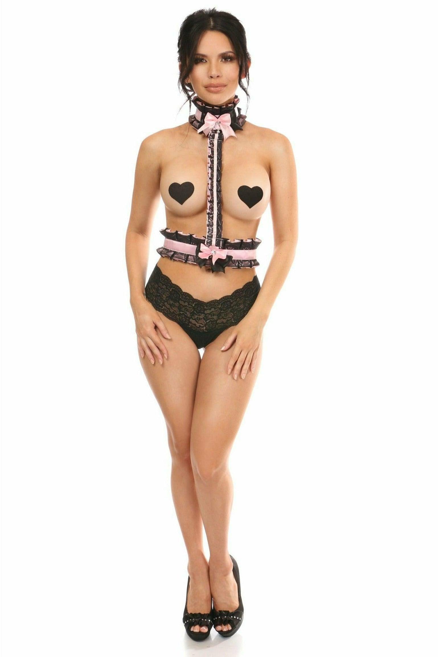 Kitten Collection Lt Pink/Black Lace Single Strap Body Harness - Flyclothing LLC