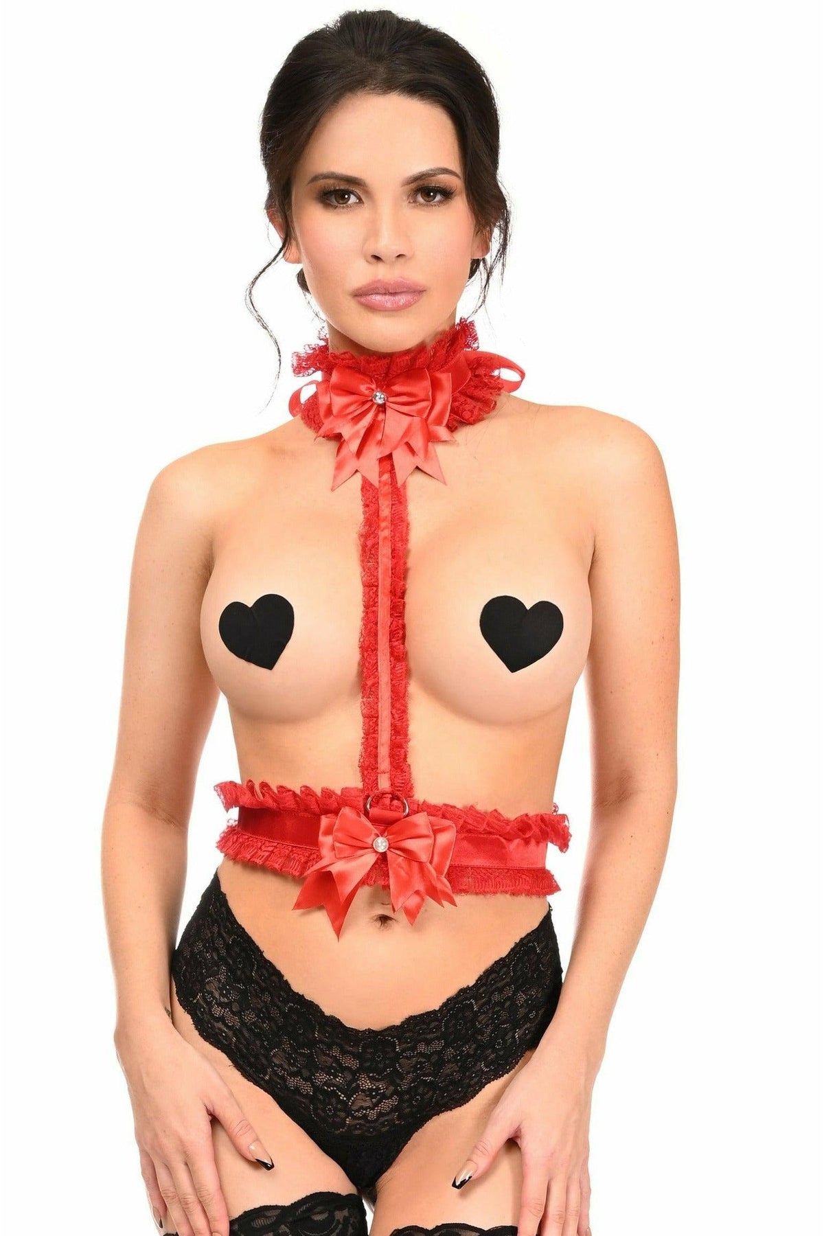 Kitten Collection Red/Red Lace Single Strap Body Harness - Flyclothing LLC