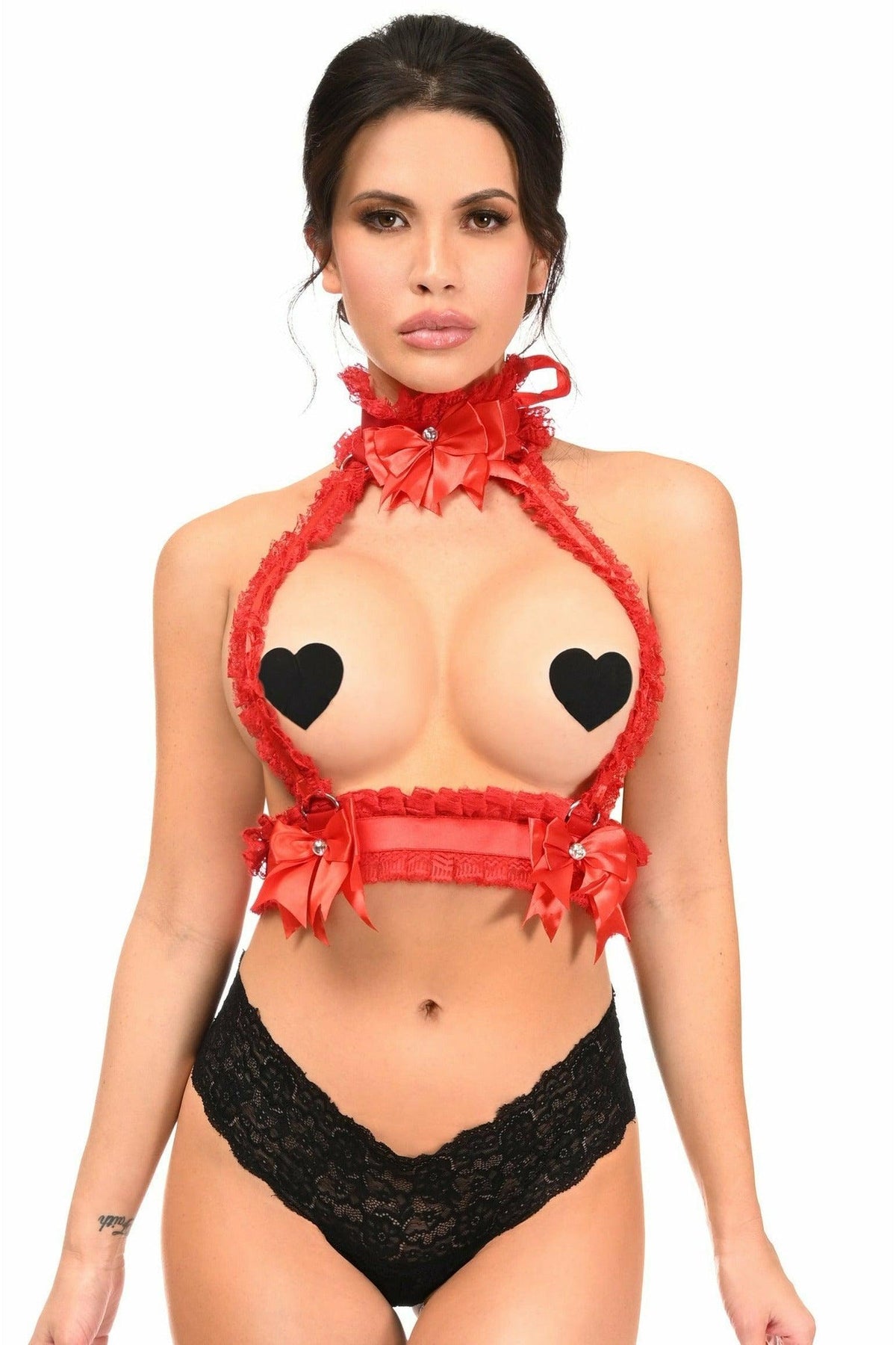 Kitten Collection Red/Red Lace Double Strap Body Harness - Flyclothing LLC