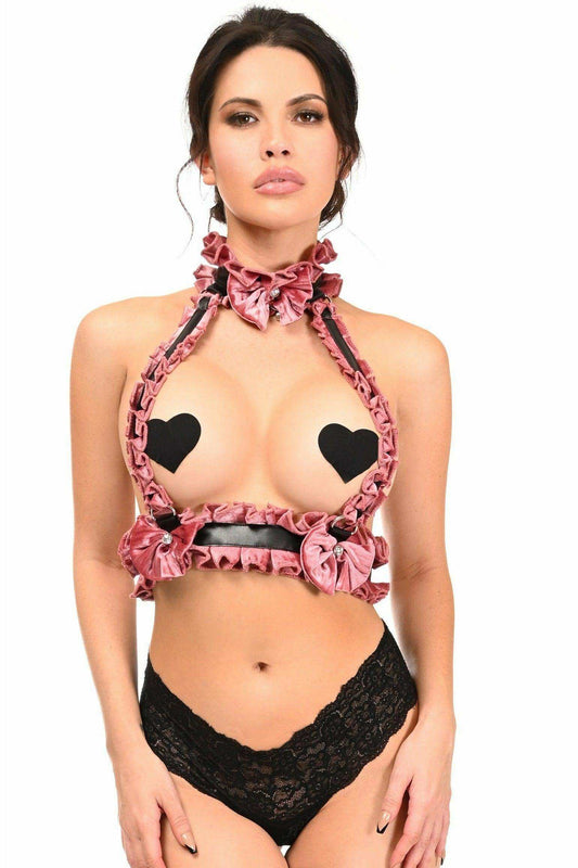Kitten Collection Dusty Rose Velvet Double Strap Body Harness - Daisy Corsets - Flyclothing LLC