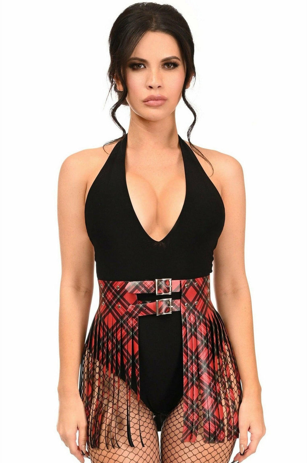 Daisy Corsets Red Plaid Faux Leather Fringe Skirt - Daisy Corsets