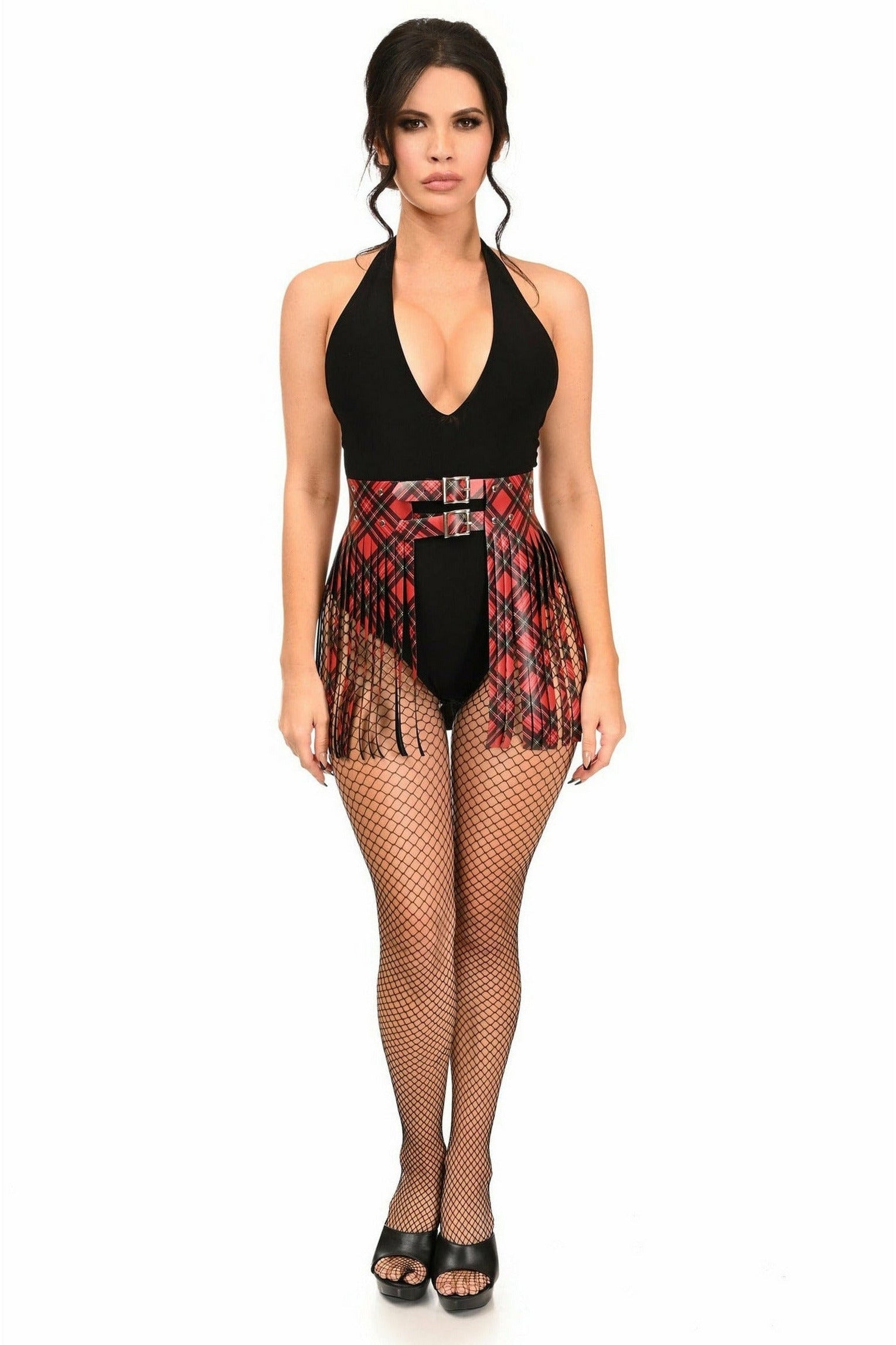 Daisy Corsets Red Plaid Faux Leather Fringe Skirt