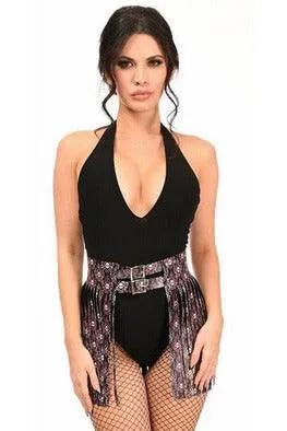 Daisy Corsets Pink & White Skulls Faux Leather Fringe Skirt - Daisy Corsets