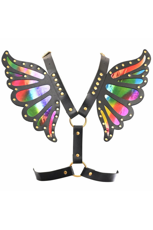 Black Faux Leather & Rainbow Holo Butterfly Wing Harness - Flyclothing LLC