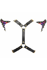 Black Faux Leather & Rainbow Holo Butterfly Wing Harness - Daisy Corsets - Flyclothing LLC