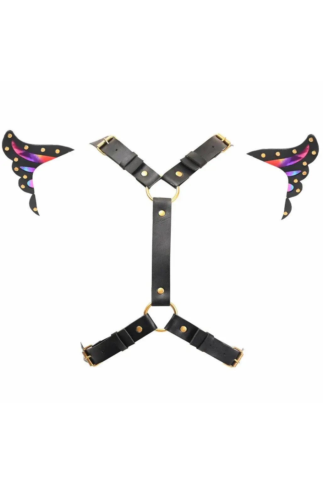 Black Faux Leather & Rainbow Holo Butterfly Wing Harness - Daisy Corsets - Flyclothing LLC