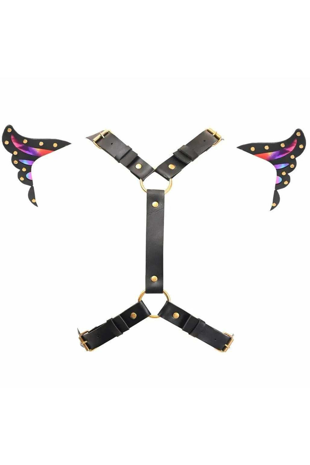 Daisy Corsets Black Faux Leather & Rainbow Holo Butterfly Wing Harness - Daisy Corsets - Flyclothing LLC