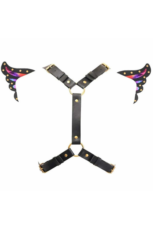 Daisy Corsets Black Faux Leather & Rainbow Holo Butterfly Wing Harness - Daisy Corsets - Flyclothing LLC