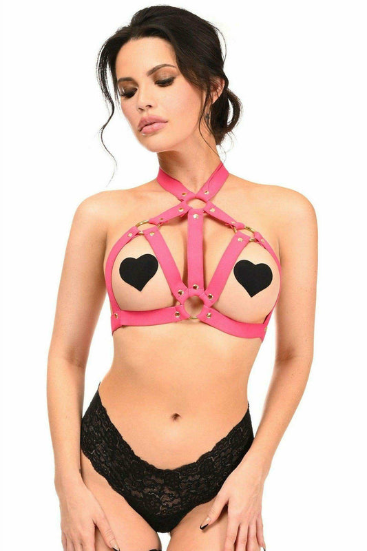 Hot Pink Stretchy Body Harness w/Gold Hardware - Daisy Corsets - Flyclothing LLC