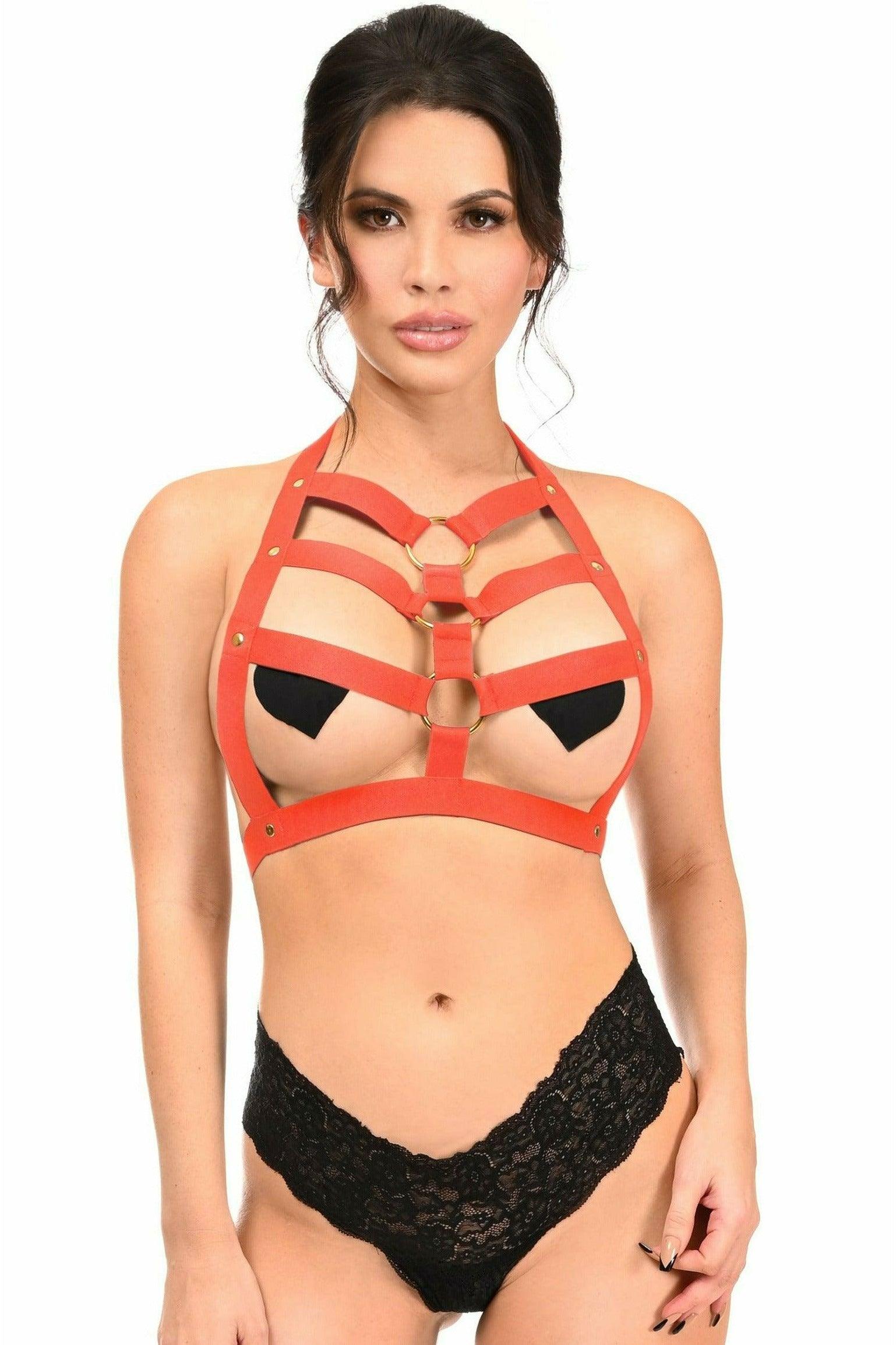 Red Stretchy Body Harness w/Gold Hardware - Flyclothing LLC