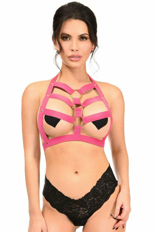 Hot Pink Stretchy Body Harness w/Gold Hardware - Daisy Corsets - Flyclothing LLC