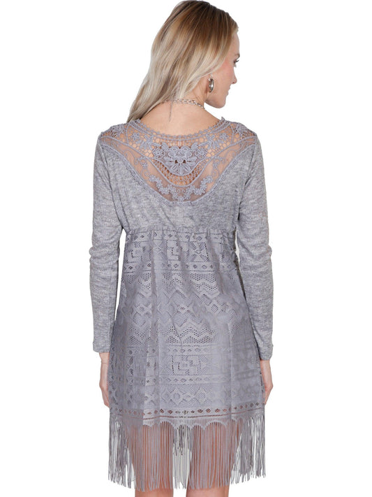 Scully GREY LACE/FRINGE DRESS W/KNIT SLEEVES - Flyclothing LLC