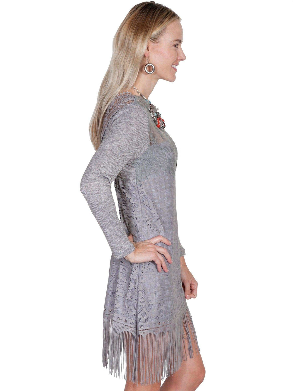 Scully GREY LACE/FRINGE DRESS W/KNIT SLEEVES - Scully Leather - Flyclothing LLC