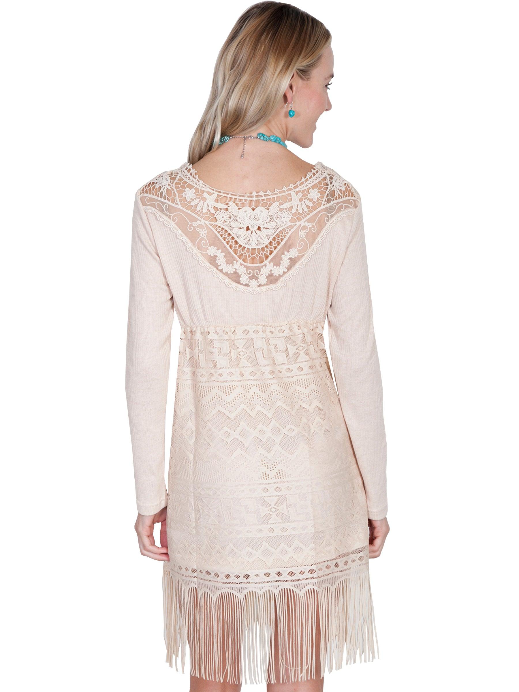 Scully NATURAL LACE/FRINGE DRESS W/KNIT SLEEVES - Flyclothing LLC