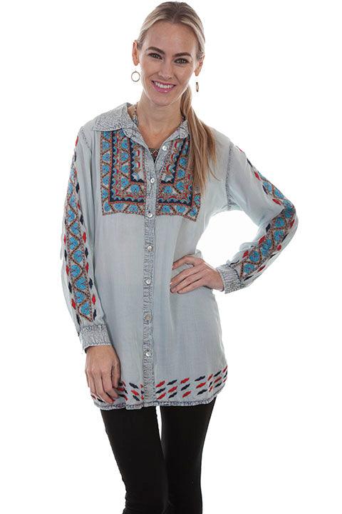 Scully LIGHT BLUE BUTTON FRONT EMB. TUNIC - Flyclothing LLC