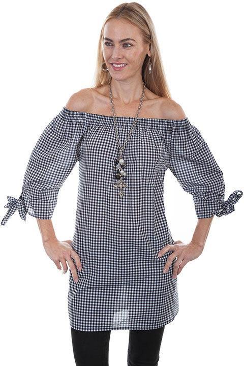 Scully BLACK-WHITE GINGHAM BLOUSE W/CORSET TIE BACK - Scully Leather