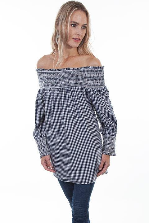 Scully BLACK-WHITE GINGHAM CHECK OFF SHOULDER BLOUSE - Scully Leather