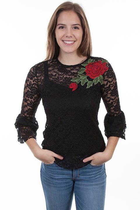 Scully BLACK LACE TOP W/ROSE APPLIQUE - Flyclothing LLC