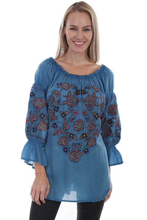 Scully AVALANCHE BLUE PEASANT BLOUSE W/EMBROIDERY - Flyclothing LLC